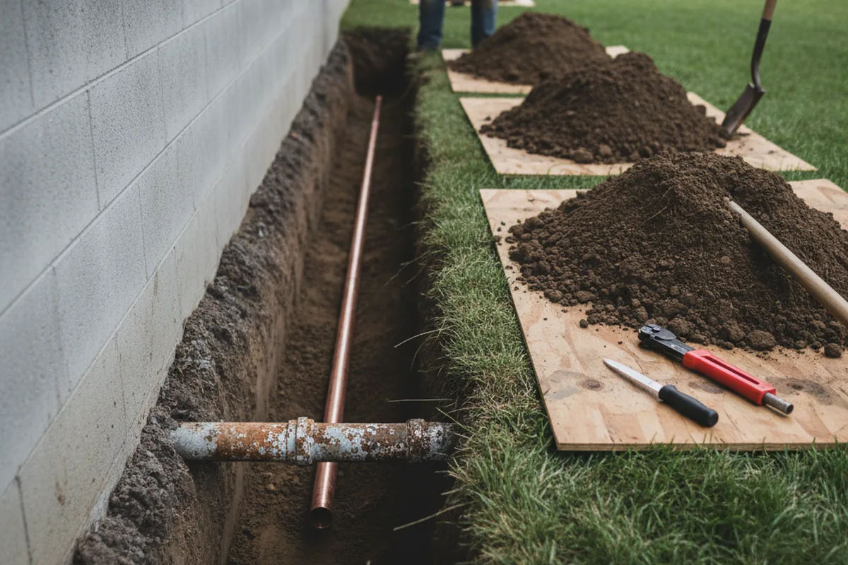 Excavated water line trench during Sewer Line Repair in Merrillville